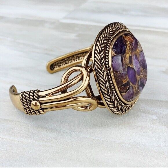 Studio Barse Mohave Amethyst Brass Openwork Cuff Bracelet Clover - Picture 5 of 6